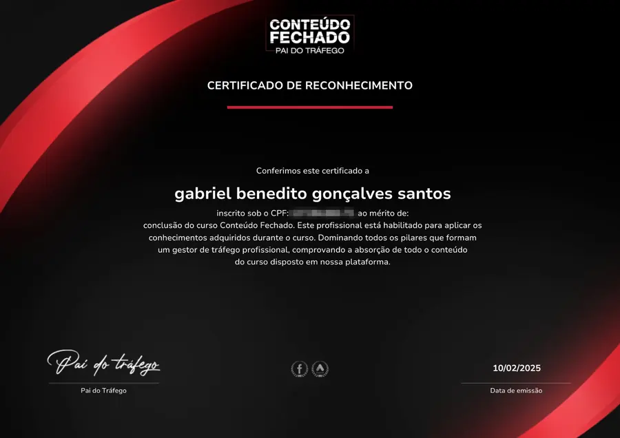 Certificado Conteúdo Fechado do Pai do Tráfego