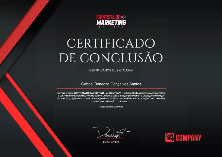 Certificado Cientista do Marketing da V4 Company