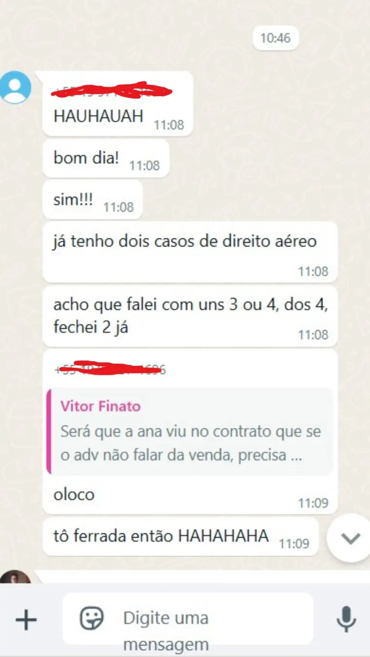 Print de WhatsApp: dois casos de direito aéreo fechados a partir dos primeiros leads