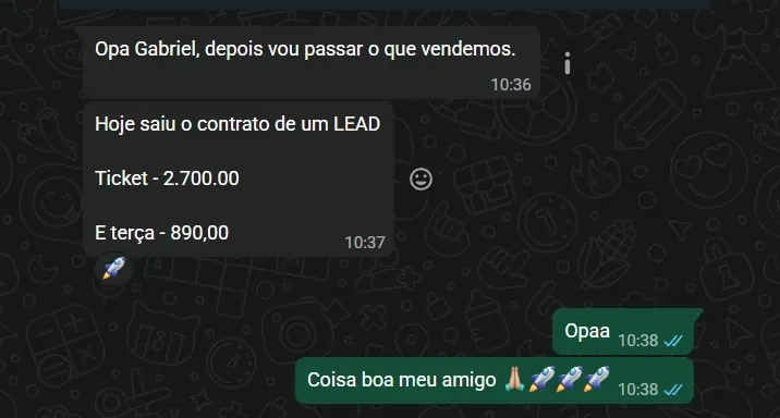 Print de WhatsApp: contrato de R$ 2.700 originado de lead